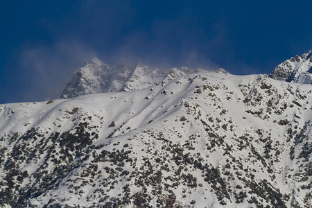 Peaks of Dhauladhar Range (Part of Himalaya) covered with fresh snowfall as seen from Palmapur.