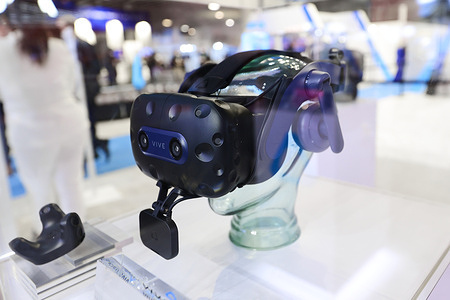 The VIVE Pro 2 showcased with the VIVE Tracker (3.0) and the VIVE Facial Tracker, the new Virtual Reality headset of the Pro series from the HTC Corporation brand, at Mobile World Congress (MWC) the biggest trade show of the sector focused on mobile devices, 5G, IOT, AI and big data.