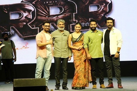Bollywood Actor Amir Khan along with one of the Biggest of Indian Movie Star NTR Junior,Ram Charan*, Bollywood Actress Alia Bhatt* one of the biggest director of Indian Cinema *S.S.Rajamouli during the promotion of Much Awaited Mega Budget Upcoming Movie of Indian Cinema RRR, releasing on 25th march 2022