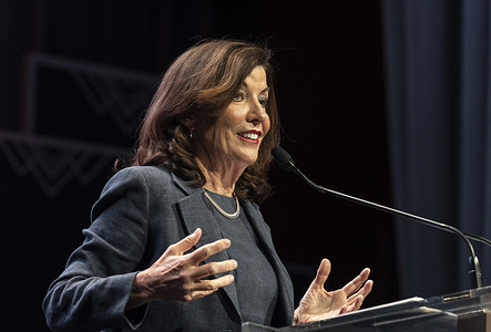 New York state Governor Kathy Hochul speaks during Annual Champions of Choice awards by NIRH (National Institute for Reproductive Health) at Ziegfeld Ballroom.