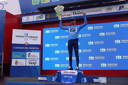 Oviedo, SPAIN: The Colombian Ivan Ramiro Sosa (Movistar Team) with the blue jersey that accredits him as the final winner of the Vuelta a Asturias 2022 during the 3rd stage of the Vuelta a Asturias 2022 in Oviedo, Spain on May 01, 2022.