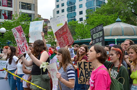 Young demonstrators seen holding signs at Union Square to denounce the Supreme Court’s decision to take away the abortion rights, on May 14, 2022.
