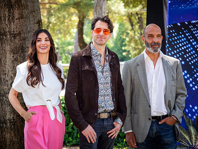 Italian actors Giampaolo Morelli, Francesca Chillemi and Jonis Bascir attend the photocall of the Disney Pictures movie "Cip e Ciop Agenti Speciali" in Rome, Italy. The actors dub the various characters of the animated film in Italian.