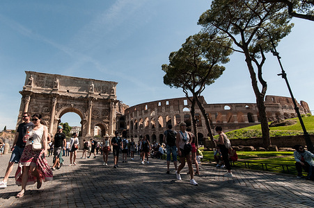 ROME, ITALY - MAY 20:The Colosseum the tourists return after two years since the covid19 pandemic the world's most famous monument on May 20, 2022 in Rome, Italy.