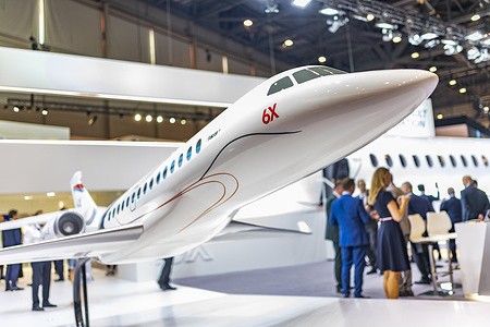 Geneva Switzerland, 05/24/2022: View of the model in a more detailed version of the new Dassault Aviation 6X of the business class (French firm) during the European Business Aviation Convention and Exhibition (EBACE), 2022