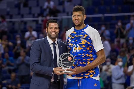 Felipe Reyes (L) and Edy Tavares (R) during Real Madrid victory over Baxi Manresa (93 - 76) in Liga Endesa Playoff 2022 round 1 game 1 celebrated in Madrid (Spain) at Wizink Center. May 25th 2022