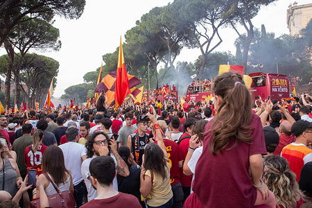 AS Roma fans celebrate AS Roma's Conference League victory near Circus Maximus in Rome
