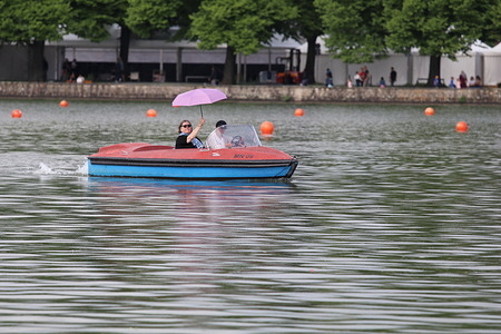 Tourists enjoying the summer at Maschsee Lake in Hannover, Germany.