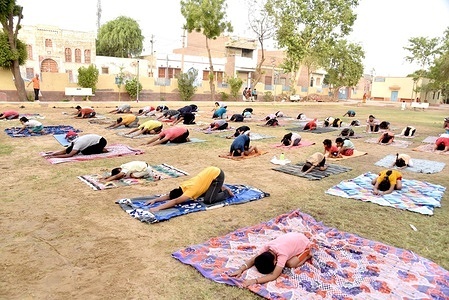 People perform yoga during a mass yoga session to celebrate the 8th International Yoga Day in Bikaner.