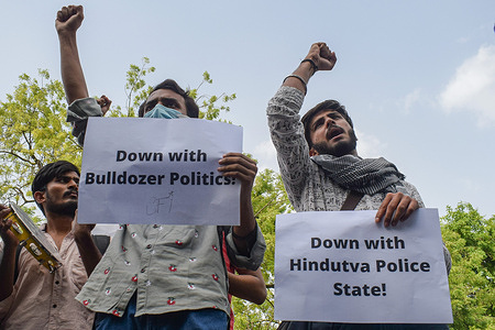 Members of the Students Federation of India (SFI) shout slogans at a protest at Jantar Mantar against the recent demolition of a house of a local Muslim leader in Uttar Pradesh after the following clashes happened last week which were triggered by Bharatiya Janata Party (BJP) leaders remarks on Prophet Mohammad.
