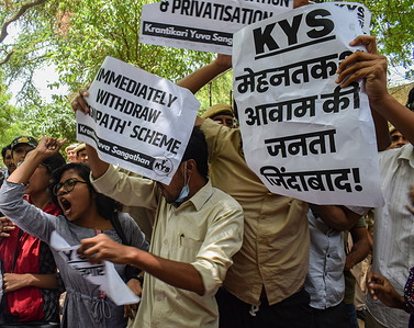 Student Activists of Krantikari Yuva Sangathan (KYS) protest at Jantar Mantar against the government's newly introduced scheme known as Agnipath. The Agnipath is a merit-based recruitment scheme for enrolling soldiers, airmen, and sailors. The Scheme provides an opportunity for the youth to serve in the regular cadre of the armed forces for a duration of four years.