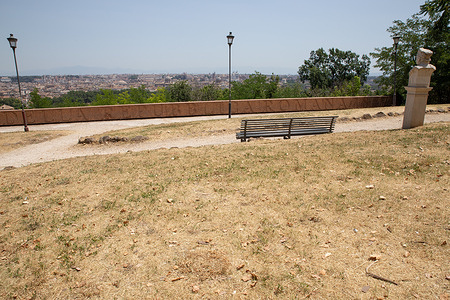 Dry lawn due to drought on the Janiculum Hill in Rome