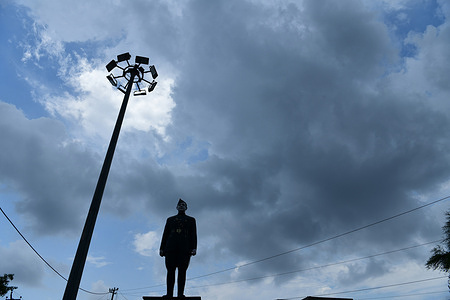 Clouds loom over the statue of Subhash Chandra Bose during rainy season in Beawar.