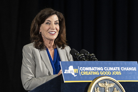 Governor Kathy Hochul speaks before signing bills to strengthen New York's commitment to clean energy development and energy efficiency, while reducing greenhouse gas emissions at Newlab Headquarters at Brooklyn Navy Yard.