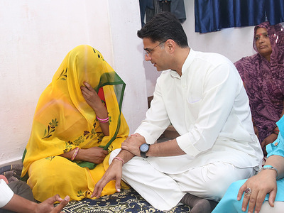 Congress leader and former deputy chief minister Sachin Pilot meets yashoda devi, wife of tailor Kanhaiya Lal, who was killed by two men allegedly over his social media post, at his residence in Udaipur.