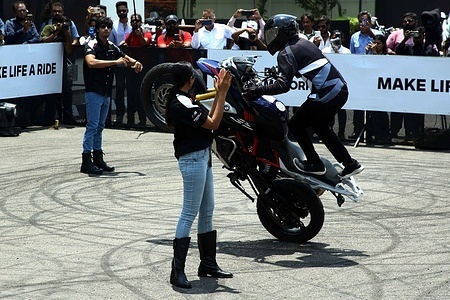 Stuntman in action during the Launch of the all-new BMW G 310 RR in Gurugram.