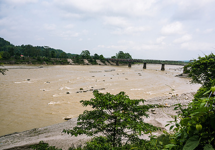 An aerial view of the Sevoke Railway Bridge on River Teesta near Mahananda Wildlife Sanctuary at Sevoke. It is a very important railway bridge and a famous tourist attraction, that connects Siliguri - Sevoke to the beautiful Dooars region of North Bengal.
