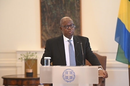 Minister of Foreign Affairs of Gabon Michael Moussa Adamo, during the statements in Athens.