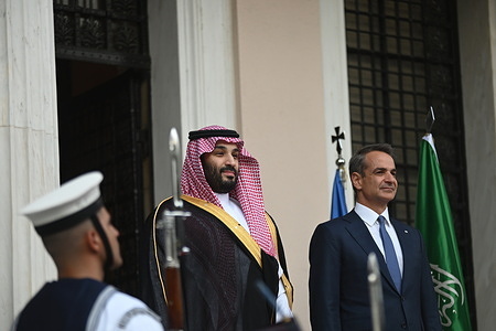Crown Prince of Saudi Arabia Mohammed bin Salman bin Abdulaziz Al Saud (left) and Greek Prime Minister Kyriakos Mitsotakis (right), in Athens.