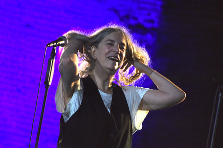 Patti Smith, the priestess of rock, performs on the stage of the theater of the archaeological excavations of Pompeii, in the first of her four Italian concerts.