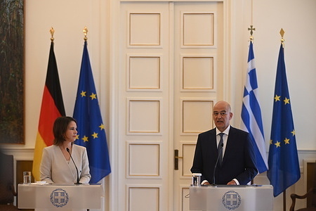 Greek Minister of Foreign Affairs Nikos Dendias (right) and German Minister of Foreign Affairs Annalena Baerbock (left), during the press conference.