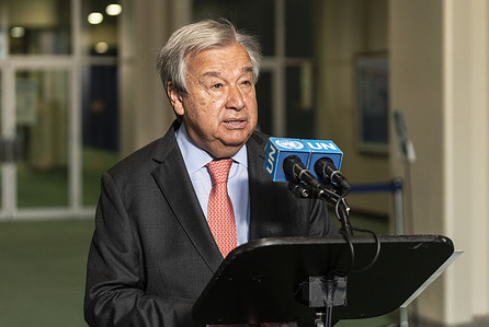 UN Secretary-General Antonio Guterres delivers remarks at stakeout at UN Headquarters. Secretary-General remarks on first ship to load grain from Ukraine to the world market. He noticed that the ship was loaded not only with grain but with hope.