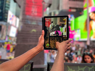 New York City’s Times Square transforms into a digital playground with a new AR experience, a large-scale app-based experience that launched today to digitally transform the public space into a playground, On August 1, 2022.