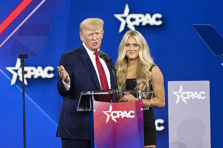 45th President of the USA Donald J. Trump speaks during CPAC (Conservative Political Action Conference) Texas 2022 conference at Hilton Anatole. Trump invited on stage swimmer Riley Gaines who advocates against transgender athletes compete in women's sports.