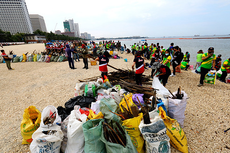 Volunteers from private sectors and personnels from various government agencies conducted a mass coastal clean-up drive along the shore of artificial Manila Bay Dolomites Beach in Manila City.