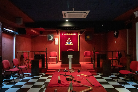 Red Ritual Room of the Grand Lodge of Spain (Gran Logia de España) during the eight edition of the Open House Madrid festival. The Grand Lodge of Spain is the regular Masonic Obedience in Spain.
