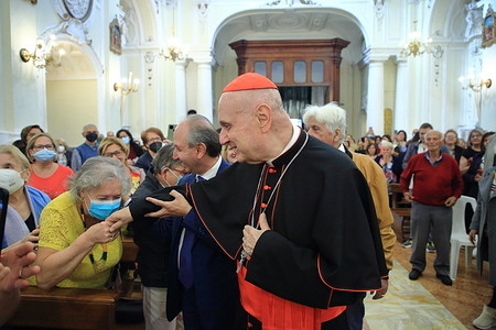 Italian Cardinal Angelo Comastri, vicar general emeritus of His Holiness for the Vatican City and for the pontifical villas of Castel Gandolfo, Archpriest Emeritus of St Peter’s Basilica in the Vatican and President Emeritus of the Fabbrica di San Pietro, seen visiting the Mother Church of the Holy Body of Christ in Pagani. Recitation of the Holy Rosary to Our Lady, Eucharistic celebration and meeting with the faithful.
