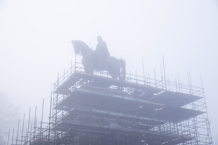 View of the statue of Giuseppe Garibaldi on the Gianicolo hill shrouded in fog
