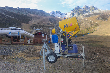 San Isidro, SPAIN: An artificial snow machine stopped during Ski Resorts Closed due to lack of snow in the Winter Resort of San Isidro, Spain on January 14, 2023.