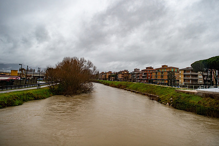 The level of the River Velino in flood, in its course through the city of Rieti, during the floods that hit Rieti, 18 January 2023.