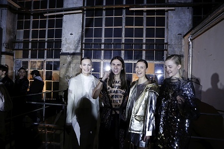 Berlin: The photo shows models on the catwalk with the new AW 23/24 collection by designer Jean Gritsfeldt from the Ukraine and the Desiner Jean Gritsfeldt in the old power plant on Wilhelminenhofstrasse in Oberschoeneweide.