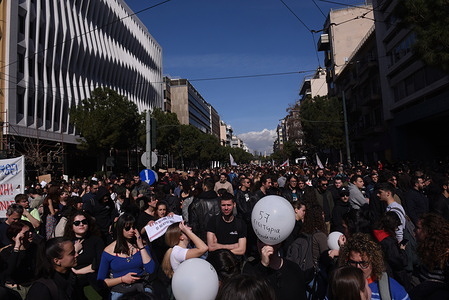 Universities students, students of high schools and of Lyceum outside the offices of Hellenic Train at Syggrou Avenue, protest for the people that lost their lives, in the train tragedy in Tempi.