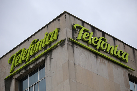 Oviedo, SPAIN: Telefónica signs on the building during Telefónica Spain invoice 12.497 million in 2022 on March 07, 2023, in Oviedo, Spain.