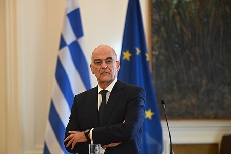 Greek Minister of Foreign Affairs Nikos Dendias during the statements to the press. The meeting between the two Foreign Ministers is part of the ongoing cooperation and coordination between the two countries. The talks during the above visit are expected to focus on the developments in Cyprus and the wider Eastern Mediterranean region, as well as on a wide range of international and regional issues.
