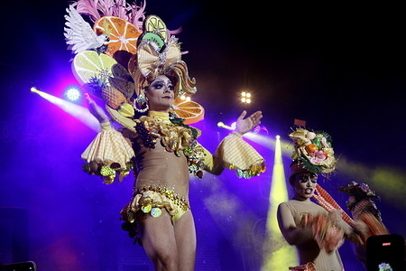 Drag queen show during the Internacional Arona Carnival in Tenerife with drags Aurum, Orgasmica, Hoklin, Shiky and Vulcano performance.