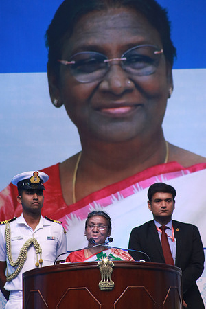 India's President Droupadi Murmu addresses during a special felicitation ceremony organised in her honour in Kolkata on March 27, 2023.