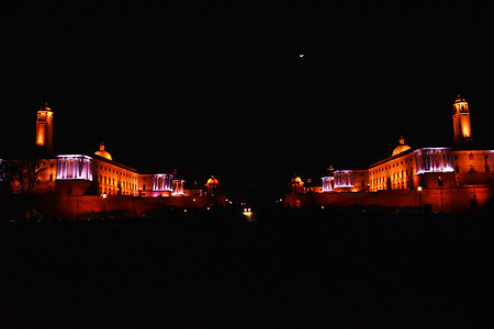 View of Rashtrapati Bhawan south and North block after its lights were switched off for an hour marking "Earth Hour" to save energy, in New Delhi, on 25th March 2023.