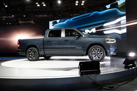 All-electric RAM 1500 on display during press day at New York International Autoshow at Jacob Javits Center