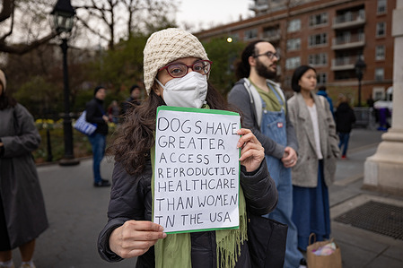 NEW YORK, NEW YORK - APRIL 08: A pro-choice activist holds a sign as they take part in a protest after a federal judge in Texas issued a preliminary ruling invalidating the abortion pill mifepristone on April 8, 2023 in New York City. Cities across the U.S. held emergency protests after Judge Matthew J. Kacsmaryk, a Trump appointee, made an initial ruling that could revoke the F.D.A.’s 23-year-old approval of a drug typically used during a medication abortion. (Photo by Michael Nigro)