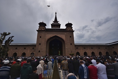 Muslim devotees offer last Friday prayers of the holy fasting month of Ramadan at the Jamia Masjid in Srinagar the Summer captial of Indian Administrated Kashmir on April 21, 2023. 
After Four years Congregational Prayers of Jumatul Vida (Last Friday of Holy month of Ramadhan) was allowed at Jamia Masjid Srinagar, following the assessment of the security situation. The Government is likely to allow Eid Prayers here.