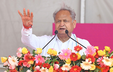 Rajasthan Chief Minister Ashok Gehlot speaks during inauguration of Inflation Relief Camp at Mahapura gram panchayat in Jaipur district. Rajasthan's congress government is providing relief to around 1 crore people by giving social security of a minimum of Rs 1000 per month and free electricity of 2000 units per month to farmers and 100 units per month to domestic consumers. Camps to continue till June 30.