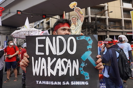 Various Filipino labor groups and workers marked Labor Day with protests at Mendiola in Manila, Philippines to demand higher wages and full respect of fundamental labor rights. Police barricaded the Mendiola Peach Arch while protesters are staging the rally.