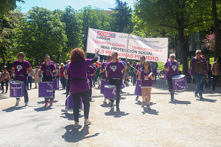 Oviedo, Spain, 1st May, 2023: A banner of the unions that organized the demonstration during the May 1st 2023 demonstration, raise wages, lower prices, distribute benefits, on May 01, 2023, in Oviedo, Spain.