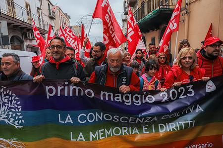 Demonstration on the anniversary of the massacre of Portella della Ginestra on Labor Day, where the CGIL has organized a march from Piana degli Albanesi.