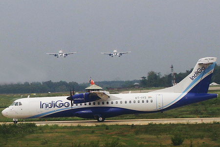 IndiGo flights are prepare take off and back side IndiGo Flights landing at the NSC Bose International Airport in Kolkata on May 05,2023.