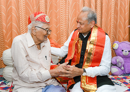 Rajasthan Chief Minister Ashok Gehlot meets Freedom Fighter Madan Mohan during his visit to Nathdwara in Rajsamand district.